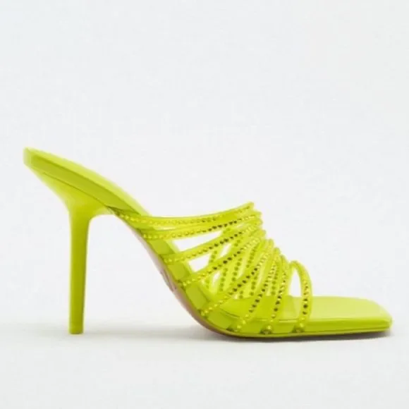 Zara Vinyl Lime Green Rhinestone Squared Toe High Heels Sandals Shoes - Picture 4 of 14